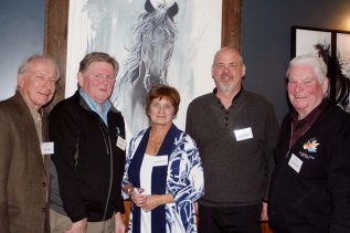 (L to R) Ken Fisher, Kelly Pender, Alison Robinson, Greg Rodgers, Bill Bowick, at the Crossings Pub in front of a painting by Jen White